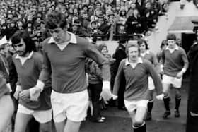 Denis Law (third from left) runs out against Preston North End at Deepdale for Manchester United in February 1972