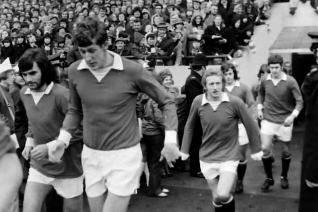 Denis Law (third from left) runs out against Preston North End at Deepdale for Manchester United in February 1972