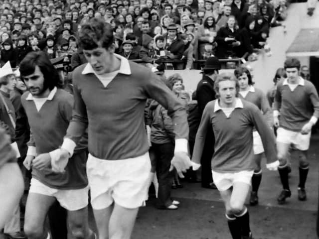 Denis Law (third from left) runs out against Preston North End at Deepdale for Manchester United in February 1972