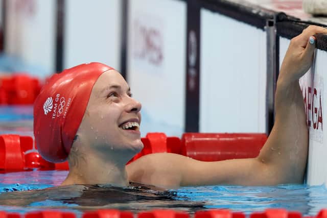 Smiles from Anna Hopkin  after winning the gold medal in the Mixed 4 x 100m Medley Relay Final at Tokyo Aquatics Centre - Photo Getty Images