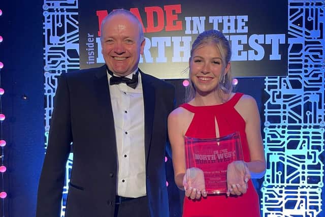Rebecca Wood and Stuart Derbyshire of Leyland Trucks. Rebecca won Apprentice of the Year at the 2021 Made in the North West Awards.