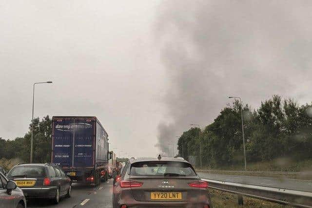 The caravan blaze near Leyland caused delays for drivers