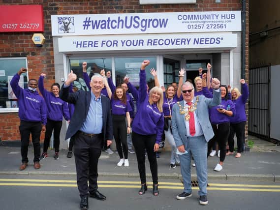 Opening of the #watchusgrow community hub in Chorley (from left, Sir Lindsay Hoyle, Andrea Horrocks and Mayor of Chorley, Councillor Steve Holgate)