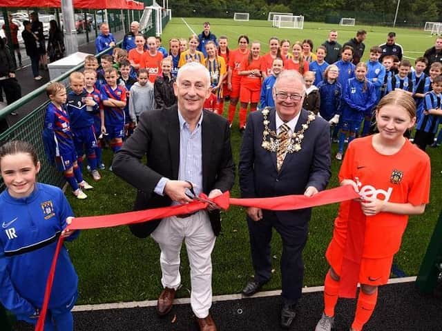 Sir Lindsay Hoyle MP officially opening West Way Sports Hub, with Mayor of Chorley, Councillor Steve Holgate and players from partner clubs