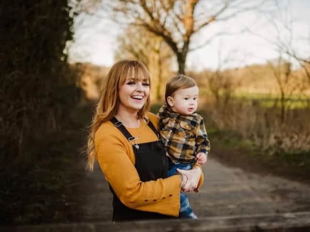 Breast cancer patient Hollie Dring with young son Theo.