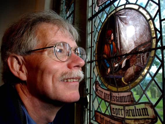 From our archives ... Nasa Astronomer Fred Espenak with the Jeremiah Horrocks window at St. Michael's Parish Church, Much Hoole