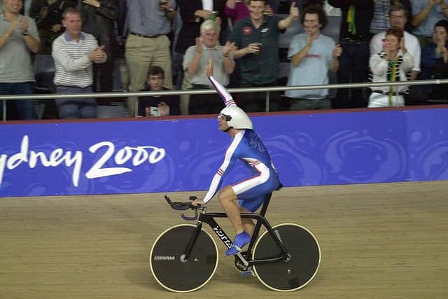Jason Queally of Great Britain celebrates winning the time trial during at the Sydney 2000 Olympic Games Picture: Getty Images