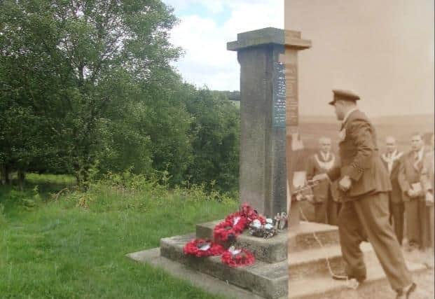 Then and now: The memorial to the aircrew who lost their lives on Anglezarke Moor.  Then (right) during the unveiling in 1955 and left, as it is now. Picture by Stuart Clewlow