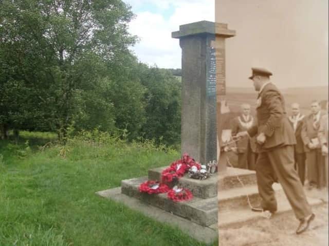 Then and now: The memorial to the aircrew who lost their lives on Anglezarke Moor.  Then (right) during the unveiling in 1955 and left, as it is now. Picture by Stuart Clewlow