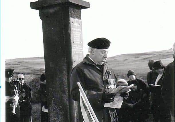 The late Mr. Stanley M. Harper delivering a reading at the 1993 Wellington crash memorial service, as representative of Adlington Royal British Legion.  Picture courtesy of Stuart Clewlow