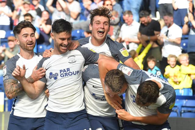 Preston North End players celebrate in the win against Swansea
