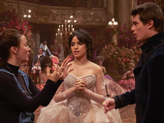 Kay Cannon, Camila Cabello and Nicholas Galitzine behind the scenes of the movie  filmed inside the Blackpool Tower Ballroom  Amazon Pictures