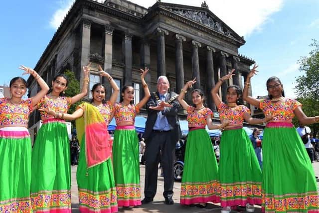 South Asian dancers with previous Preston Mayor Coun David Borrow