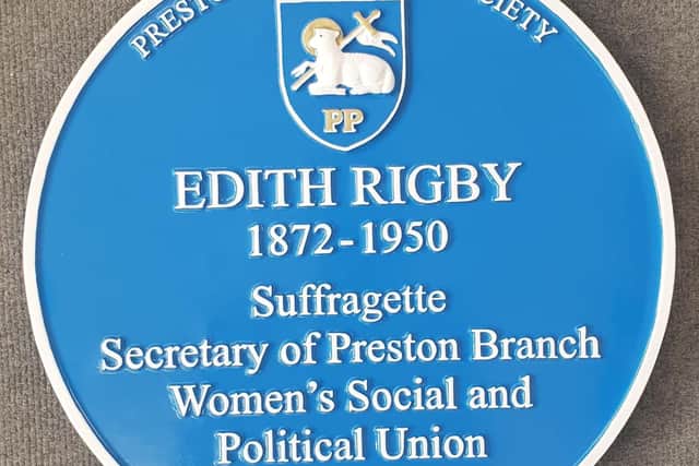 Heritage plaque marking suffragette Edith Rigby's former home