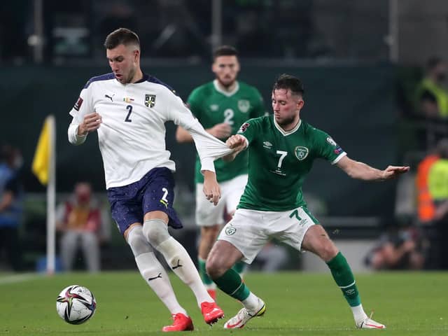 PNE skipper Alan Browne challenges Strahinja Pavlovic in the Republic of Ireland's 1-1 draw with Serbia in Dublin