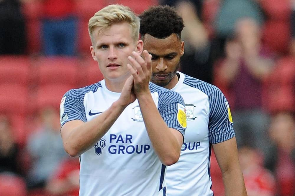 Preston North End new boys Ali McCann and Josh Murphy applaud the PNE fans at Bristol City