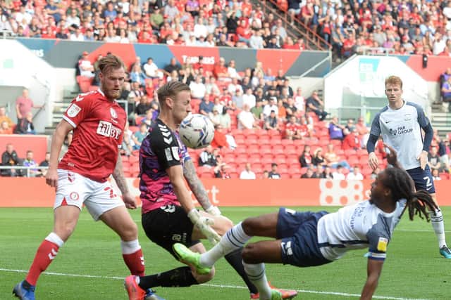 Preston North End skipper Daniel Johnson sees a shot blocked by Bristol City goalkeeper Dan Bentley