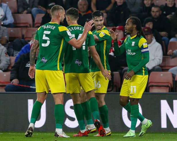 Preston North End players celebrate their first goal against Sheffield United at Bramall Lane