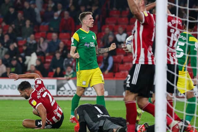 Emil Riis celebrates scoring Preston North End's equaliser at Sheffield United