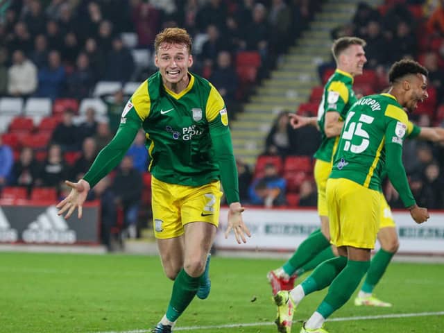 Celebrating Preston North End's late equaliser against Sheffield United at Bramall Lane