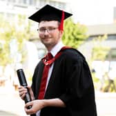 Matthew Clarke celebrating his graduation success, as he leaves UCLan with a First Class degree.