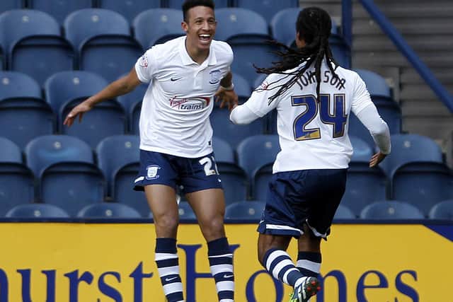 Daniel Johnson celebrates with Callum Robinson after scoring his first PNE goal in February 2015