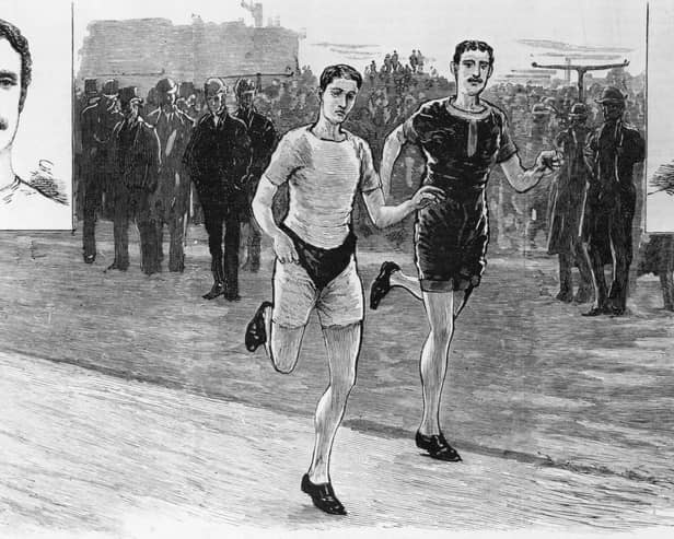 Long-term rival British athletes William Cummings and Walter George compete against each other in a 10-mile race