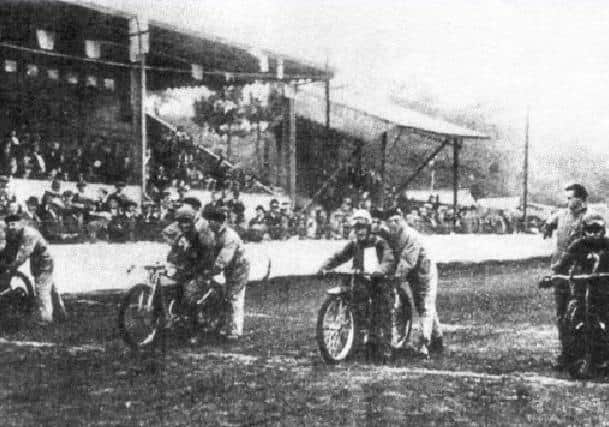 Racers on the startline of Preston’s speedway track at Farringdon Park