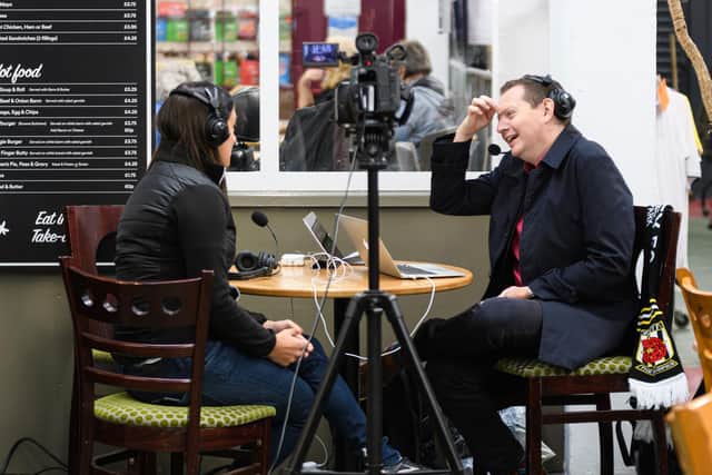 Matt broadcast from Masons Market Cafe, pictured with Lisa Nandy, MP for Wigan.
