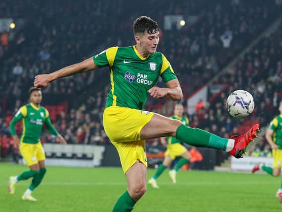 Jordan Storey puts over the cross for Preston North End's equaliser against Sheffield United