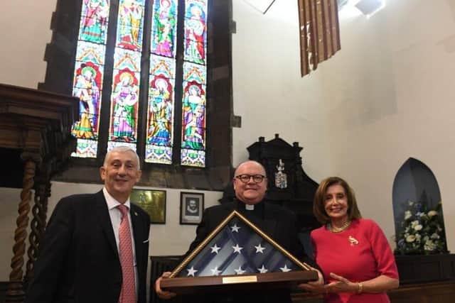 Sir Lindsay Hoyle, Father Neil Kelley and Nancy Pelosi (image - UK Parliament/Jessica Taylor)