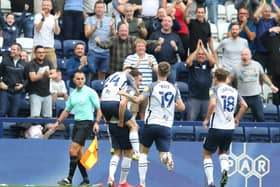 Preston North End players celebrate Ben Whiteman's goal against West Bromwich Albion at Deepdale