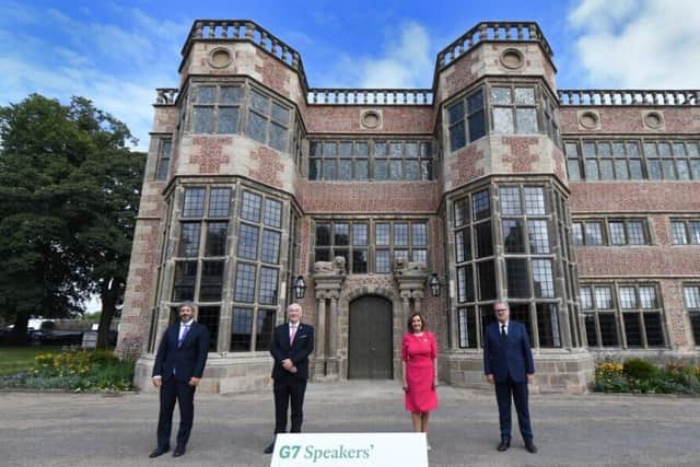 Roberto Fico, the President of the Italian Chamber of Deputies; Sir Lindsay Hoyle, Chorley MP and Speaker of the House of Commons;  Nancy Pelosi, Speaker of the US House of Representatives; and Richard Ferrand, the President of the French National Assembly, gather for a "family photo" outside Astley Hall at the G& Speakers' Summit (image: UK Parliament/Jessica Taylor)