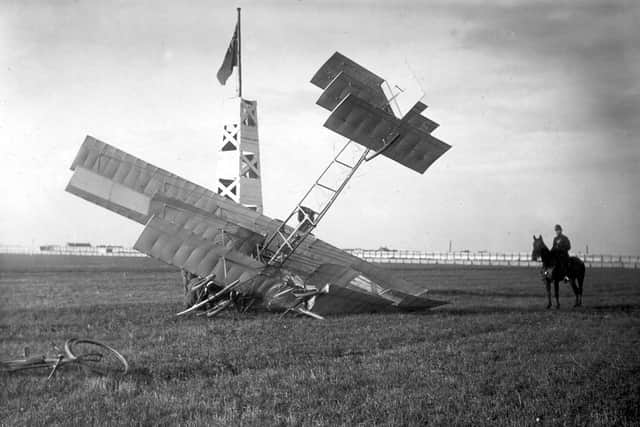 Mr AV Roe crashing his triplane in 1909 at Squires Gate airport