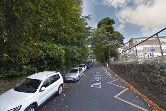 Police were called at 1am after the men were seen brandishing weapons and trying to force their way inside the home in Dukes Brow, Blackburn. Pic: Google