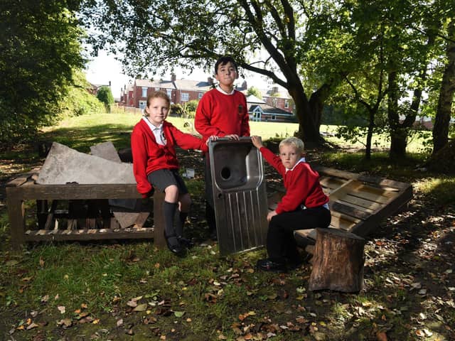 Pupils at Roebuck Primary School in their now destroyed outdoor classroom.