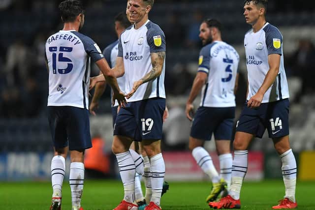 Emil Riis is congratulated after scoring PNE's late fourth goal