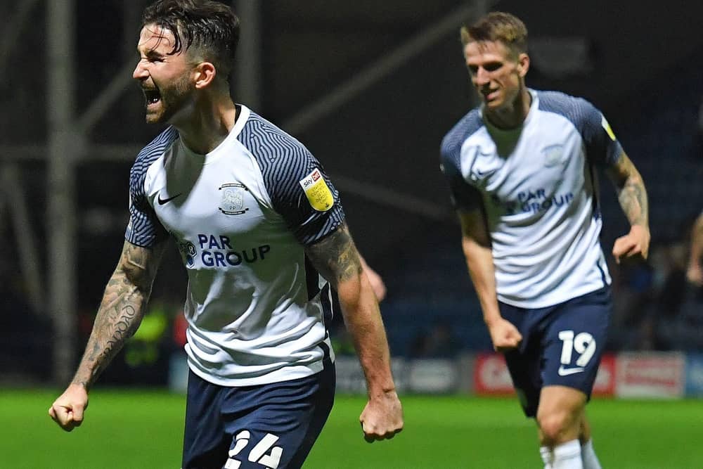 Sean Maguire celebrates his goal in midweek with Emil Riis (No.19) in the background