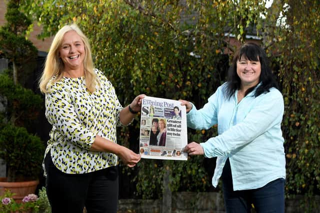 Twins Gill Kaczmarczyk and Jen Heaton celebrating the 10th anniversary of their kidney transplant, socially distanced, due to being clinically extremely vulnerable