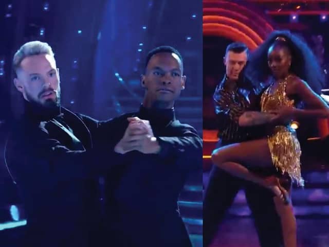 Pictured left, John Whaite alongside professional dancer Johannes Radebe, pictured right, AJ Odudu with her partner Kai Widdrington.