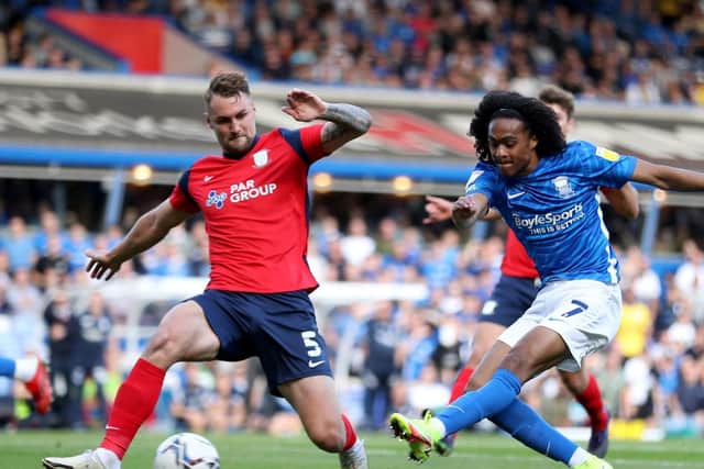 Preston North End centre-half Patrick Bauer blocks a cross from Birmingham City's Tahith Chong at St Andrew's