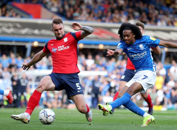 Preston North End centre-half Patrick Bauer blocks a cross from Birmingham City's Tahith Chong at St Andrew's