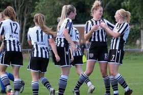 Chorley women celebrate their second goal scored by Rachel Hindle