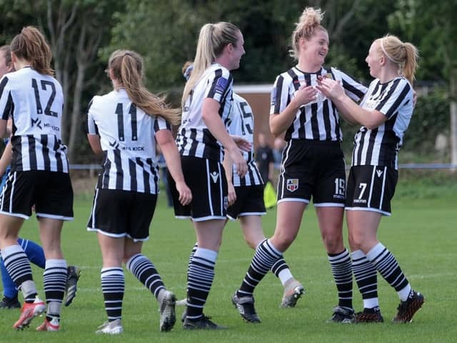 Chorley women celebrate their second goal scored by Rachel Hindle