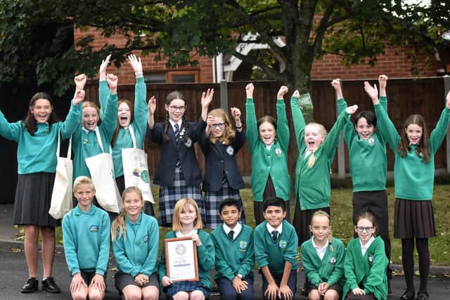 Time to celebrate - local school pupils cheer Longridge's new status as a plastic free town