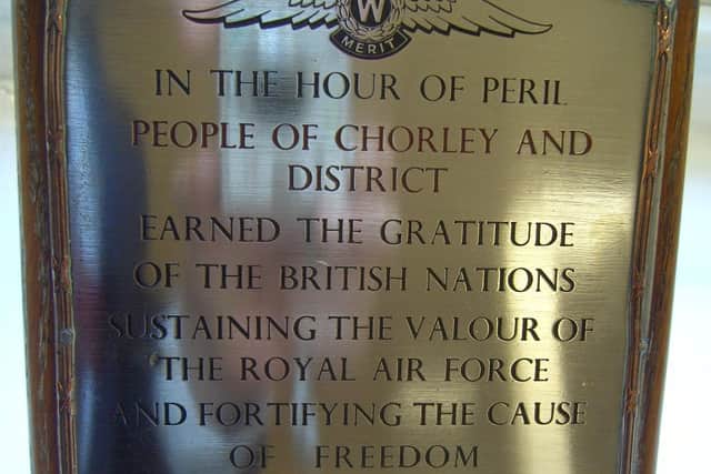 A Spitfire Fund plaque presented to Chorley & District. Picture courtesy of Stuart Clewlow