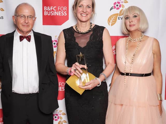 Ruth Poar, centre, with her Family Business Award at the 10th Anniversary Enterprise Vision Awards. Left is Alan Fox (the Fox Group) and right, Michelle Thompson (Unique Homecare Services)