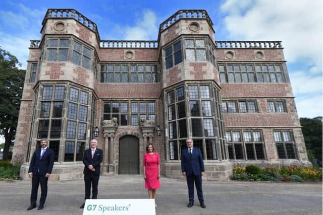 Roberto Fico, Sir Lindsay Hoyle, Nancy Pelosi and Richard Ferrand at Astley Hall during the G7 Speakers' Summit (image: UK Parliament/Jessica Taylor)