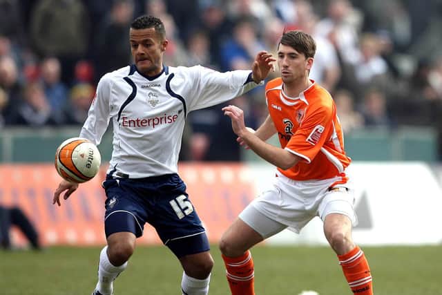 Blackpool’s Shaun Barker (right) and Preston North End’s Simon Whaley battle for the ball at Bloomfield Road during a Championship match in 2008