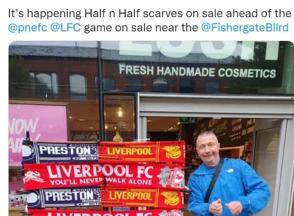 The one-off scarves, made as mementoes mainly for tourists, have long been seen as a cliched figure of fun by diehard footie fans (Picture: Twitter/@Prestonphonebox)